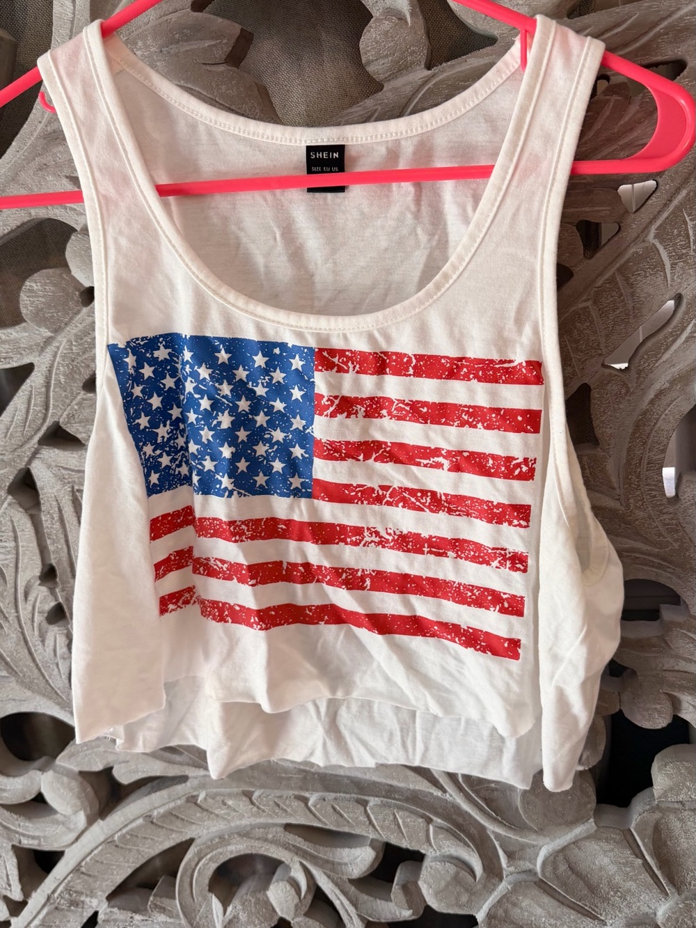 SHEIN White Cropped Tank with Distressed American Flag